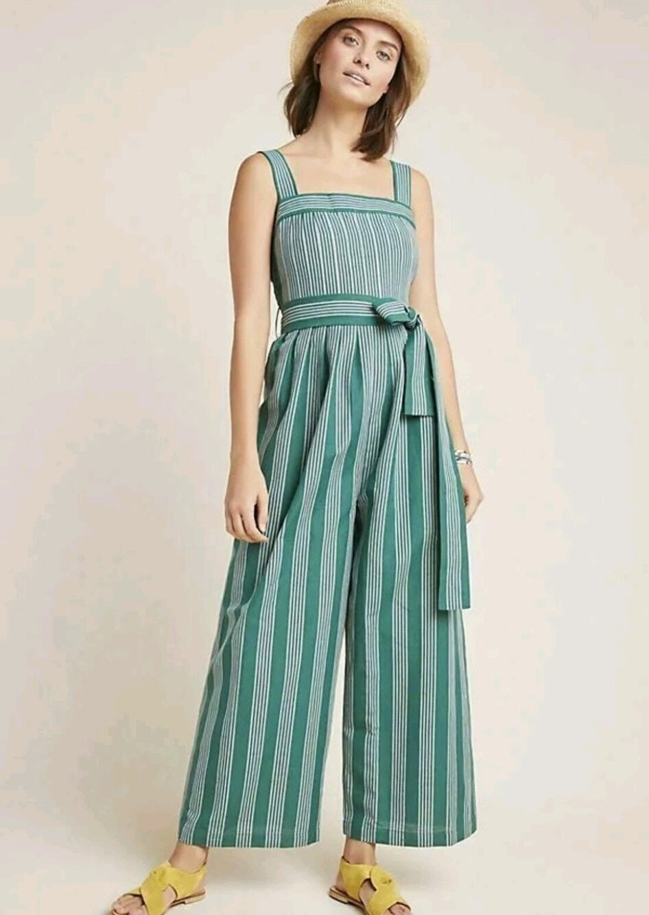 Payal Pratap Green Striped Linen-Cotton Wide Leg Jumpsuit Size 4 Anthropologie